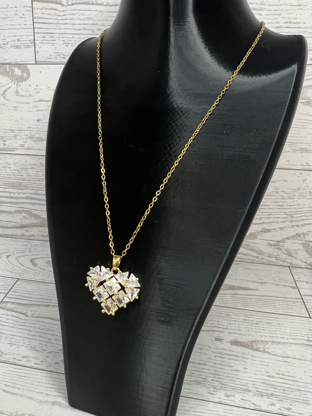 Gold Heart Pendant Necklace with Clear Stones 16” to 18” stainless steel chain